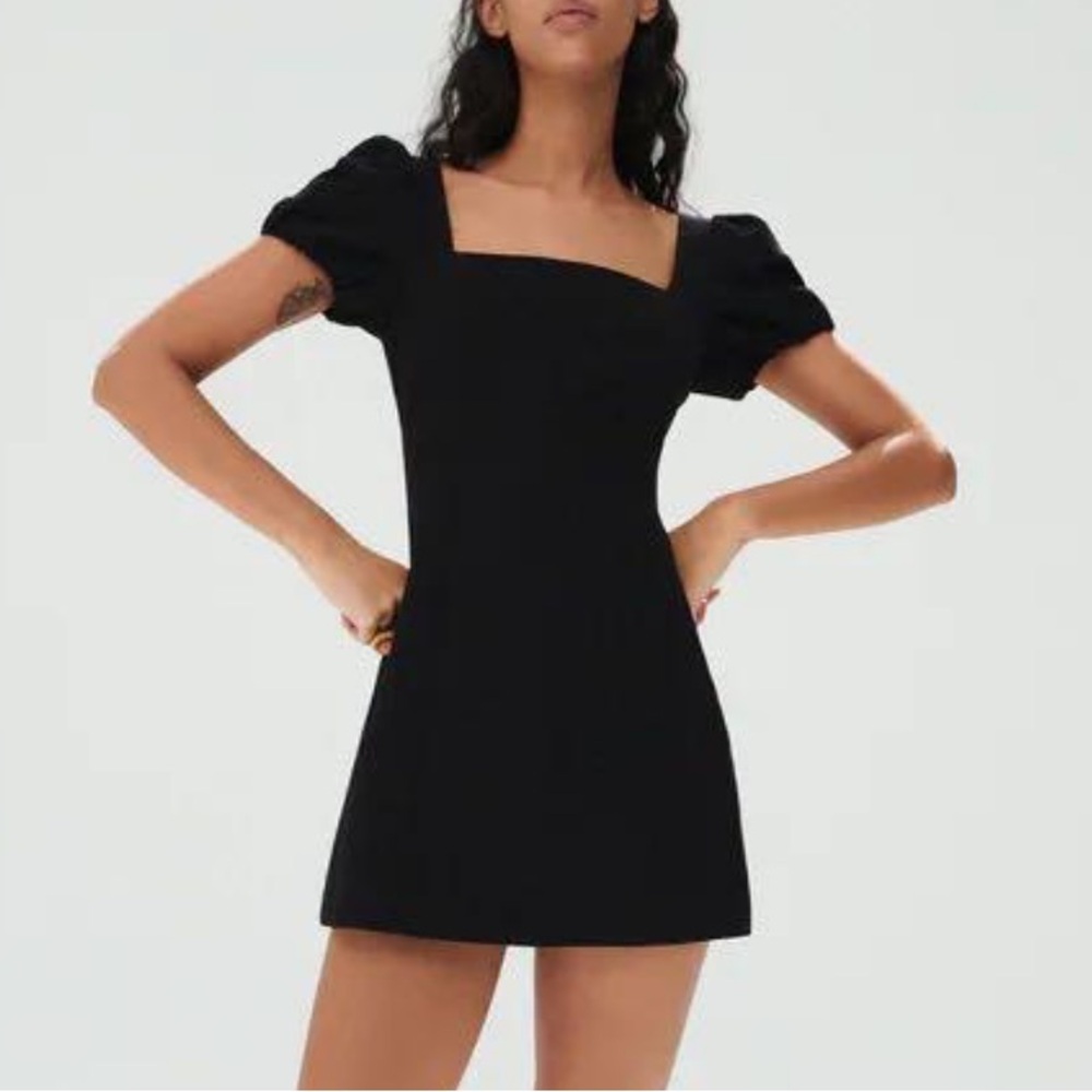 Zara linen blend puff sleeve mini dress black